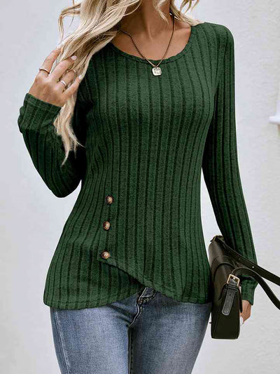 Long Sleeves Knit Textured Button Decor Top