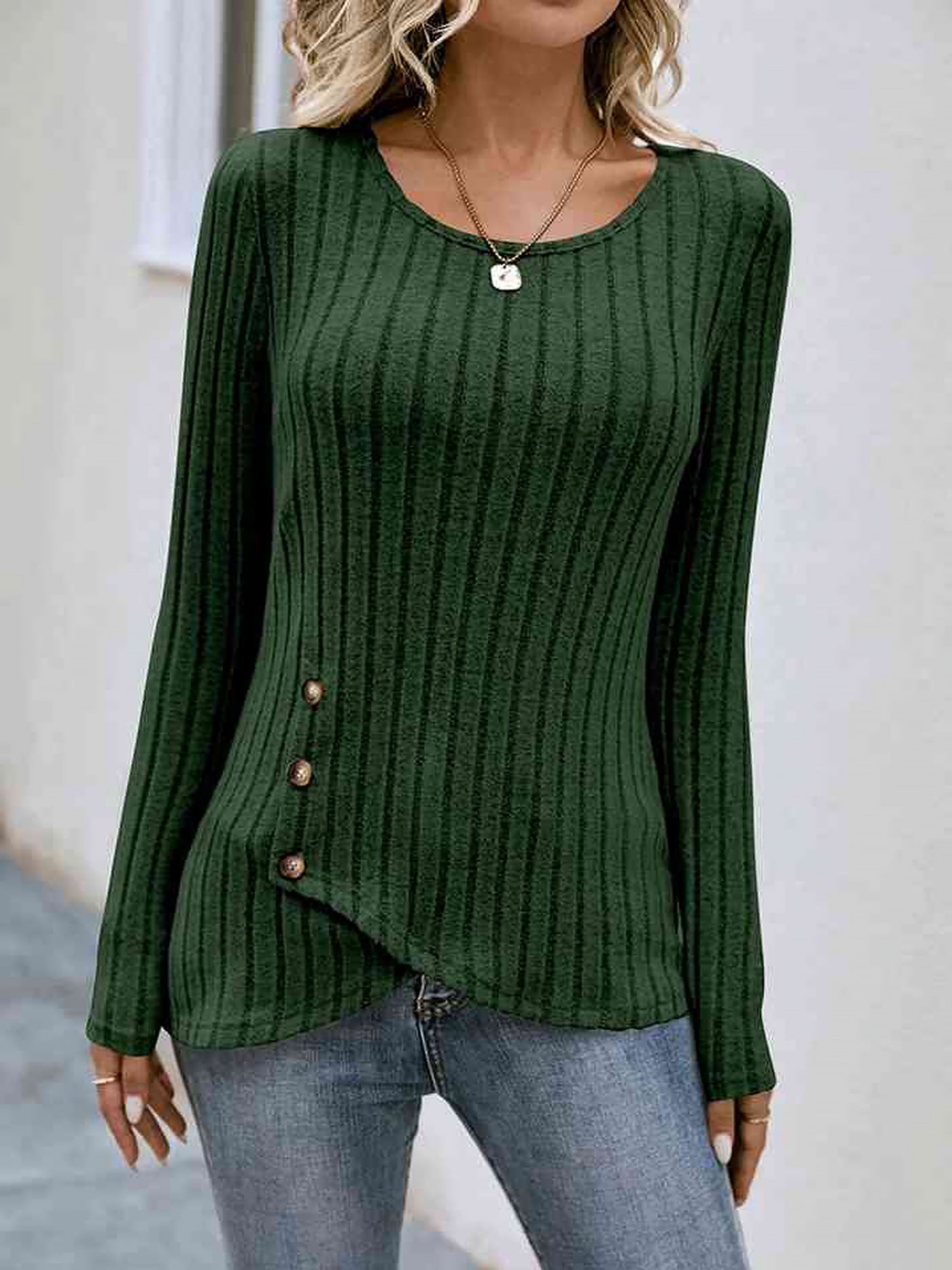 Allegra K Long Sleeves Knit Textured Button Decor Top