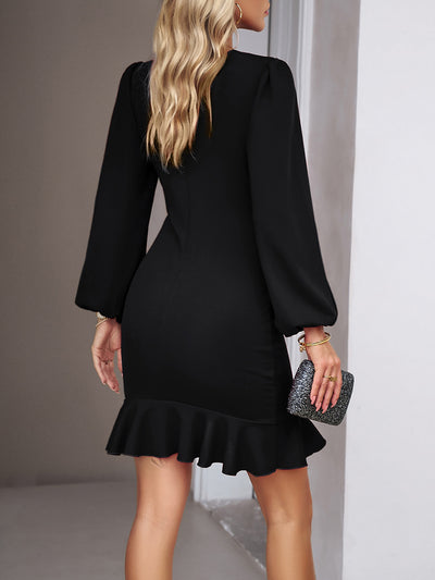 Puff Long Sleeve Ruffled Ruched Bodycon Mini Dress