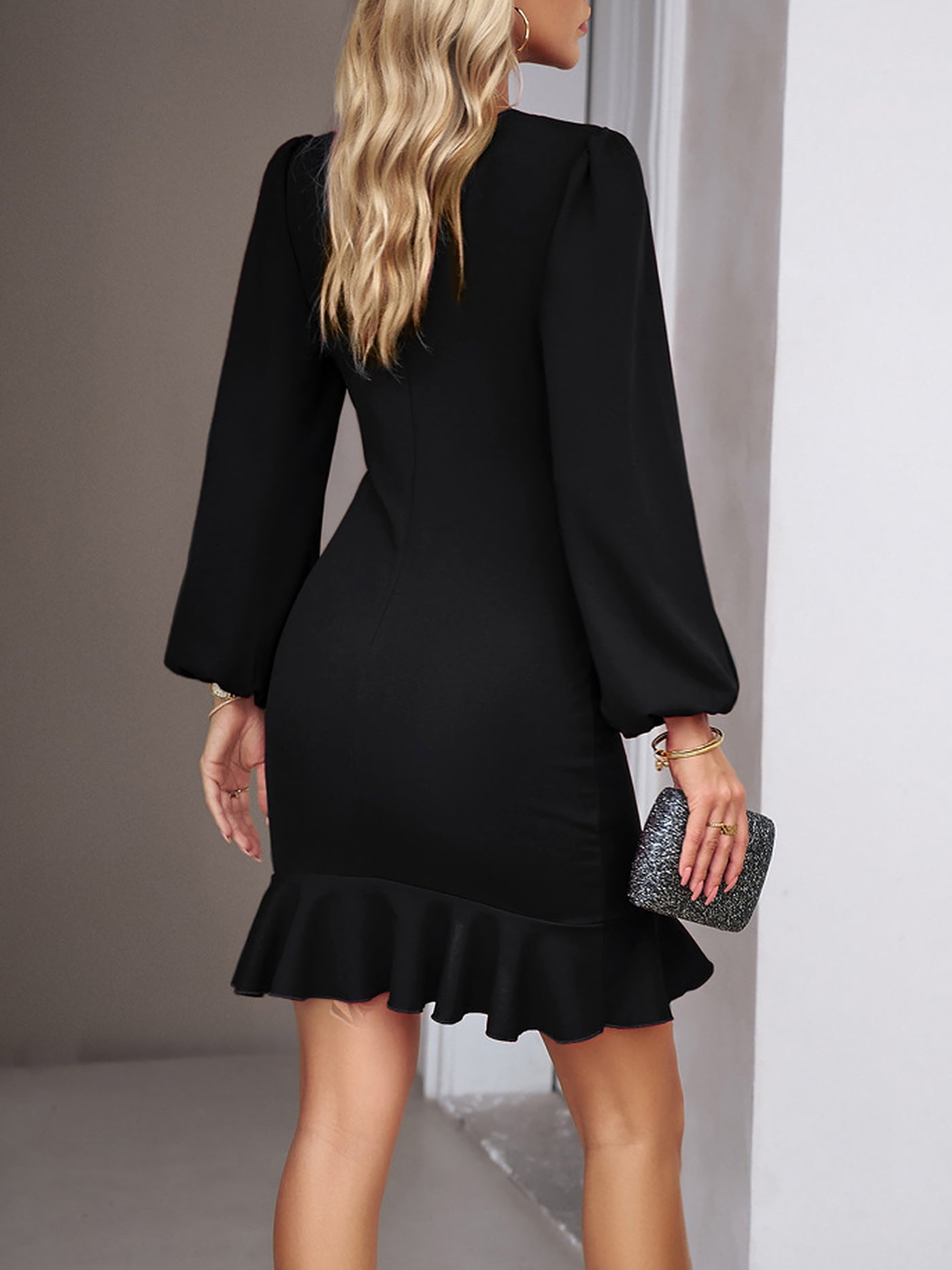 Allegra K Puff Long Sleeve Ruffled Ruched Bodycon Mini Dress