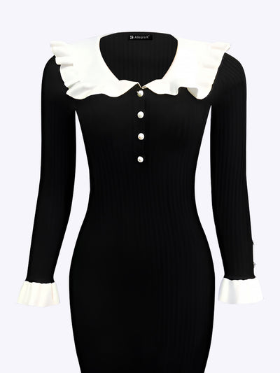 Long sleeve Ruffle Doll Collar Knitted Midi Bodycon Sweater Dress