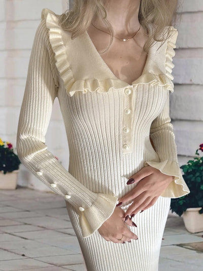 Long sleeve Ruffle Doll Collar Knitted Midi Bodycon Sweater Dress