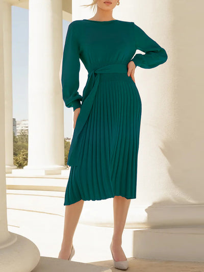 Long Sleeve Ribbed Knit Belted Pleated Midi Sweater Dress