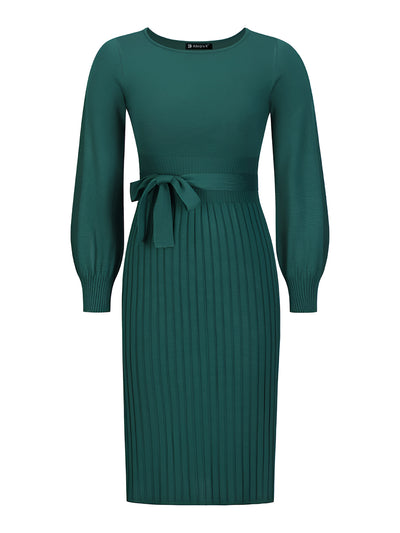 Long Sleeve Ribbed Knit Belted Pleated Midi Sweater Dress