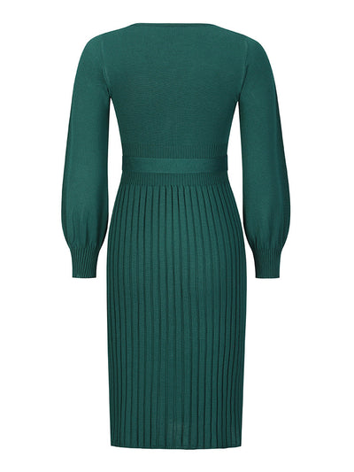 Long Sleeve Ribbed Knit Belted Pleated Midi Sweater Dress