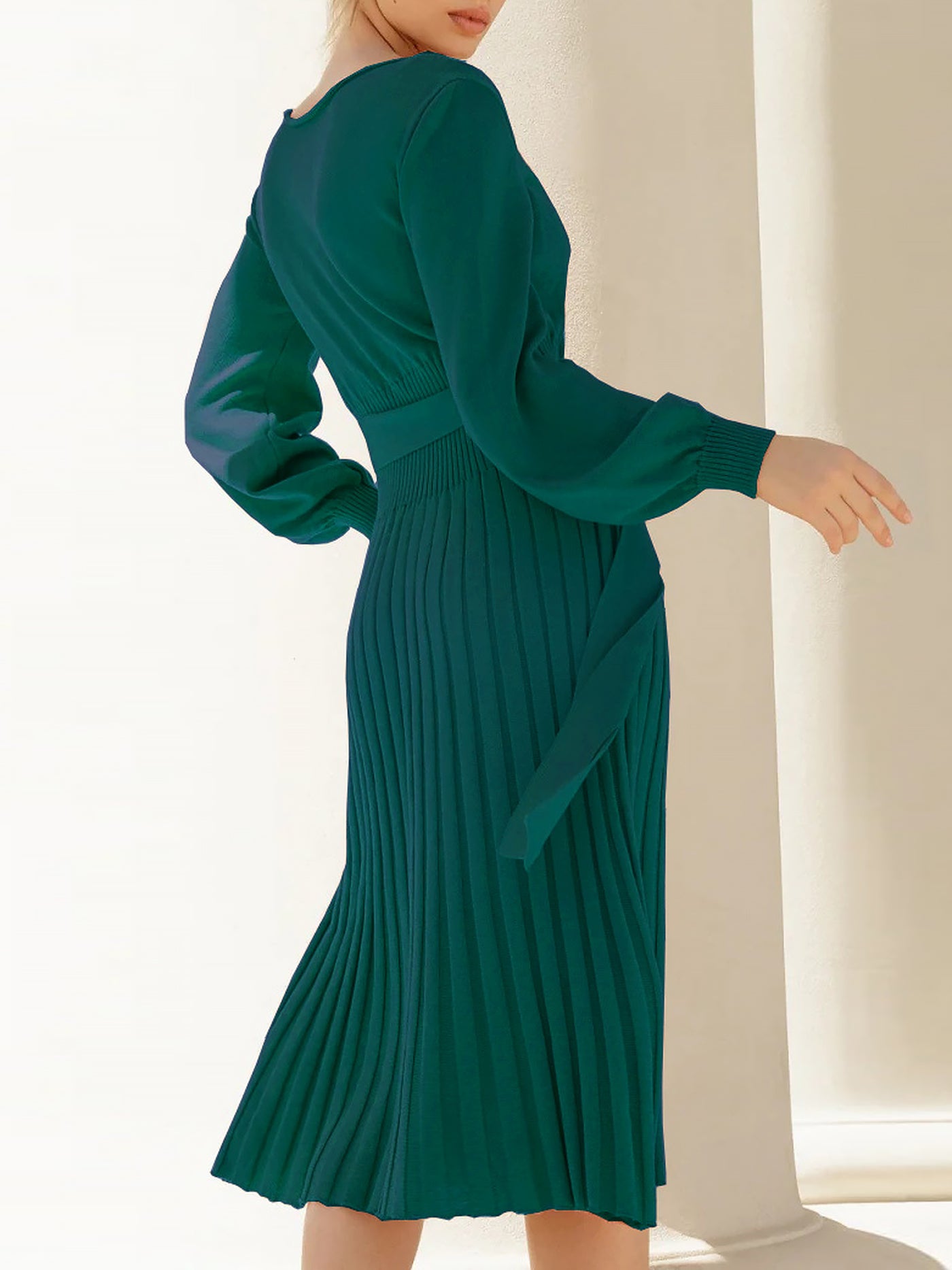 Allegra K Long Sleeve Ribbed Knit Belted Pleated Midi Sweater Dress