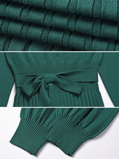 Long Sleeve Ribbed Knit Belted Pleated Midi Sweater Dress