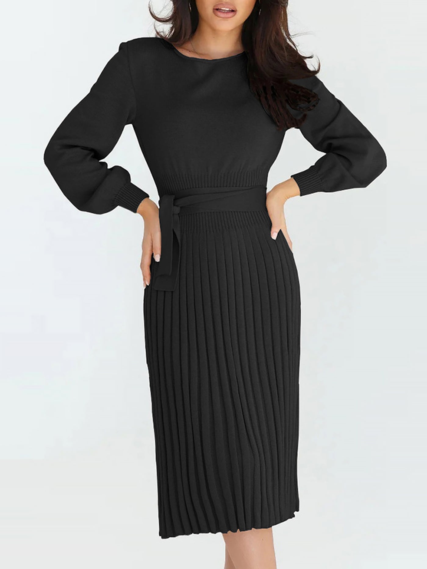 Allegra K Long Sleeve Ribbed Knit Belted Pleated Midi Sweater Dress