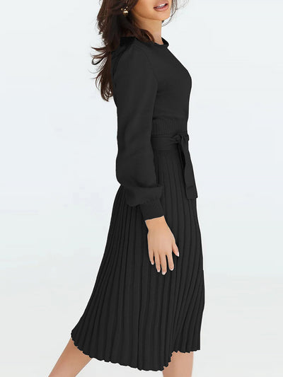 Long Sleeve Ribbed Knit Belted Pleated Midi Sweater Dress