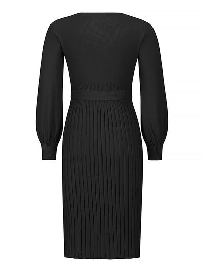 Long Sleeve Ribbed Knit Belted Pleated Midi Sweater Dress