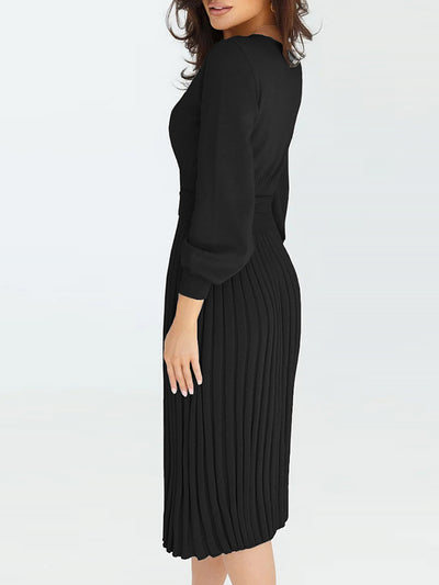 Long Sleeve Ribbed Knit Belted Pleated Midi Sweater Dress