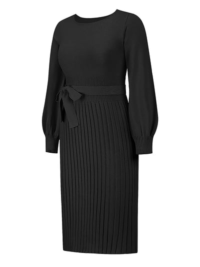 Long Sleeve Ribbed Knit Belted Pleated Midi Sweater Dress