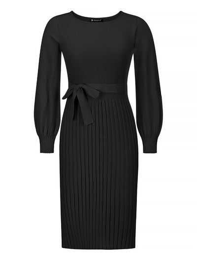 Long Sleeve Ribbed Knit Belted Pleated Midi Sweater Dress