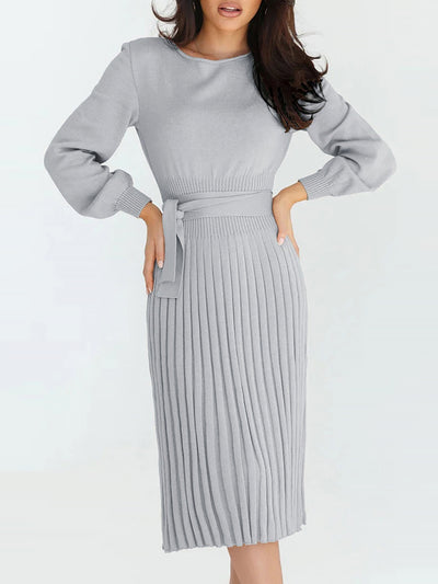 Long Sleeve Ribbed Knit Belted Pleated Midi Sweater Dress