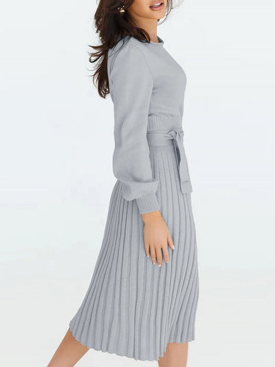 Long Sleeve Ribbed Knit Belted Pleated Midi Sweater Dress