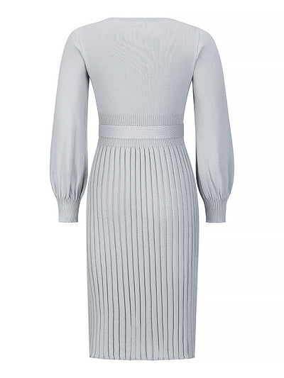 Long Sleeve Ribbed Knit Belted Pleated Midi Sweater Dress