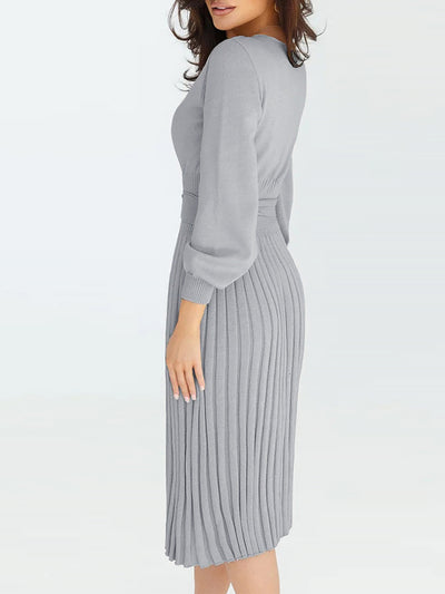 Long Sleeve Ribbed Knit Belted Pleated Midi Sweater Dress