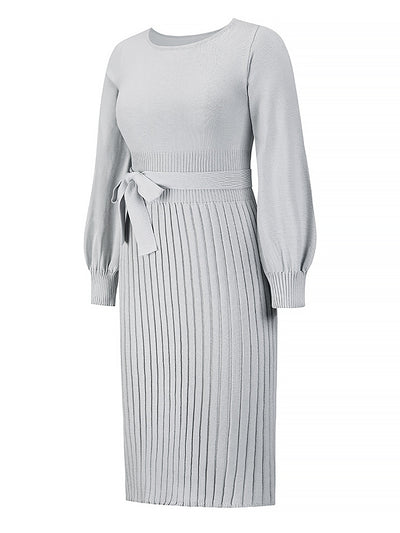 Long Sleeve Ribbed Knit Belted Pleated Midi Sweater Dress