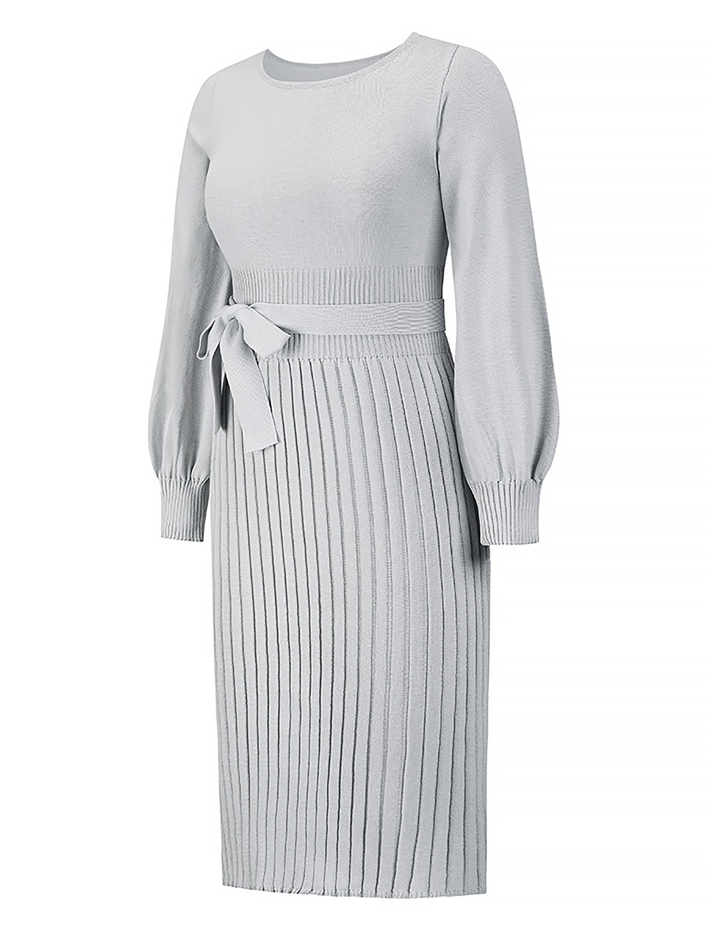 Allegra K Long Sleeve Ribbed Knit Belted Pleated Midi Sweater Dress