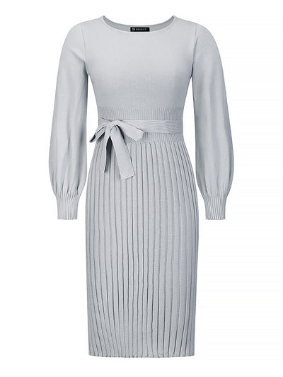 Long Sleeve Ribbed Knit Belted Pleated Midi Sweater Dress