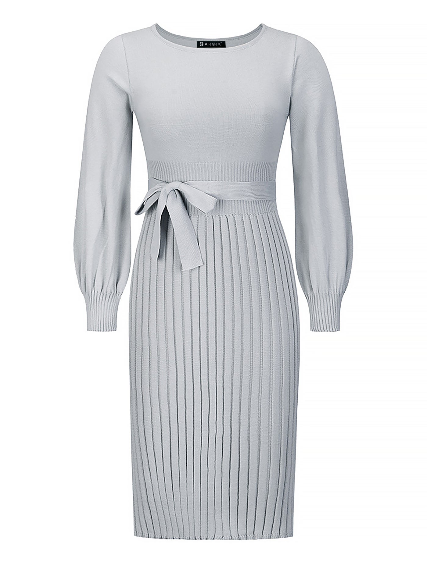 Allegra K Long Sleeve Ribbed Knit Belted Pleated Midi Sweater Dress