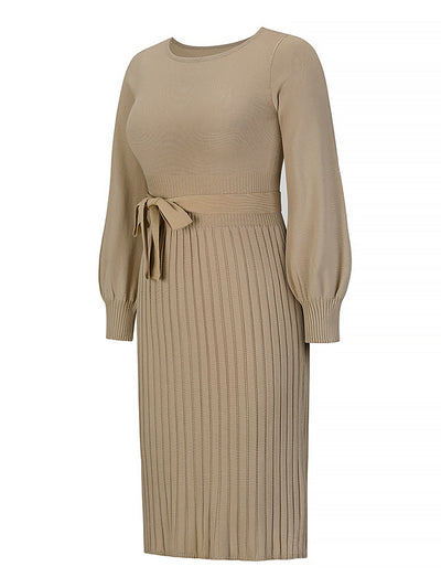 Long Sleeve Ribbed Knit Belted Pleated Midi Sweater Dress