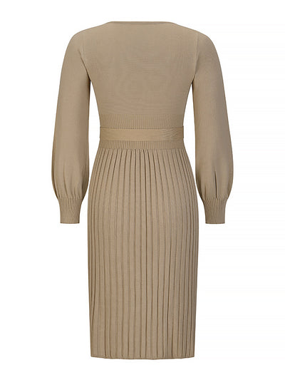 Long Sleeve Ribbed Knit Belted Pleated Midi Sweater Dress