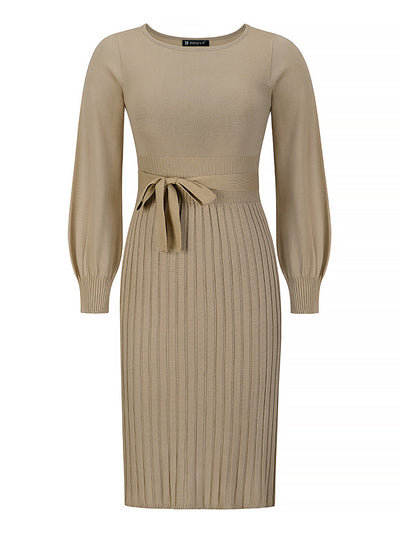 Long Sleeve Ribbed Knit Belted Pleated Midi Sweater Dress