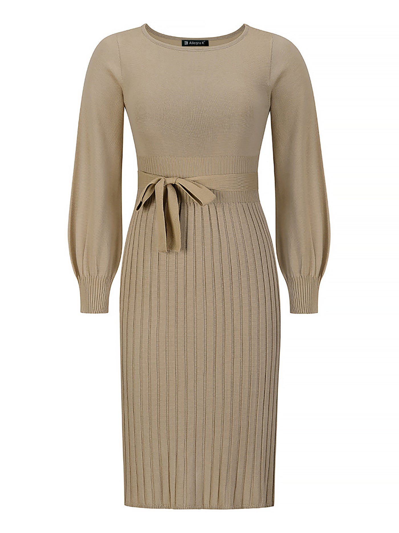 Allegra K Long Sleeve Ribbed Knit Belted Pleated Midi Sweater Dress