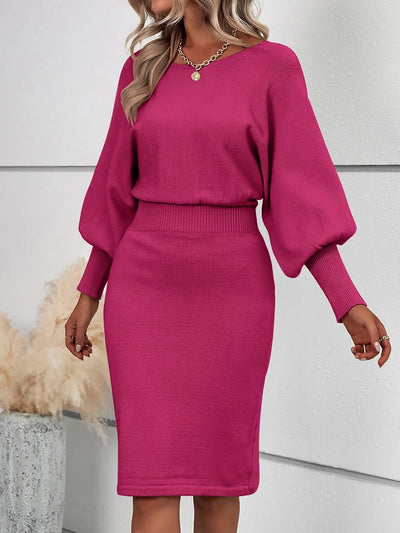 Long Sleeve Solid Color Sheath Midi Sweater Dress