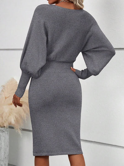 Long Sleeve Solid Color Sheath Midi Sweater Dress