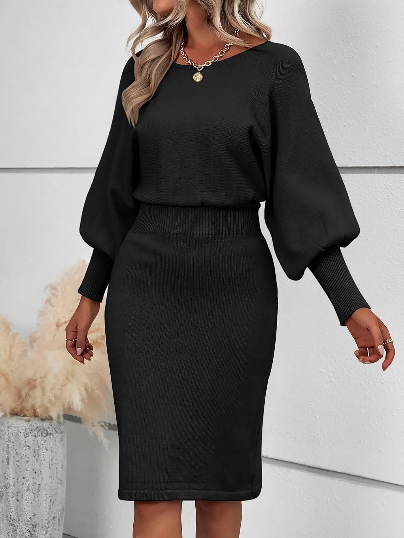 Allegra K Long Sleeve Solid Color Sheath Midi Sweater Dress