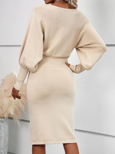 Long Sleeve Solid Color Sheath Midi Sweater Dress