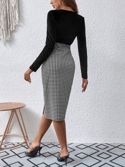 Long Sleeve Velvet Patchwork Houndstooth Slit Midi Sheath Dress