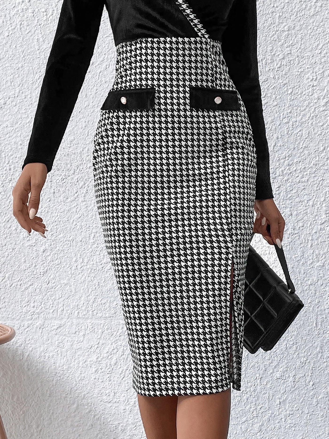 Allegra K Long Sleeve Velvet Patchwork Houndstooth Slit Midi Sheath Dress