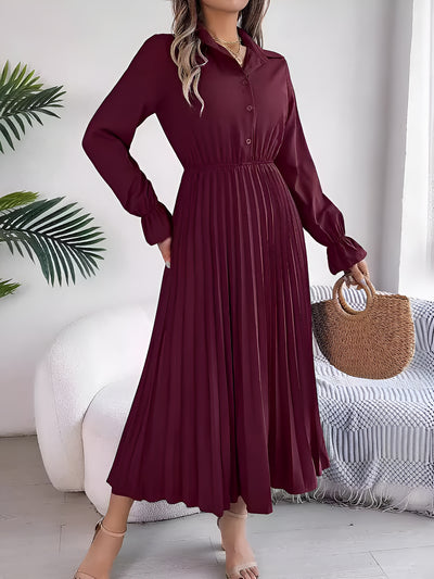 Collar Buttoned Long Sleeve Maxi Pleated Shirt Dress