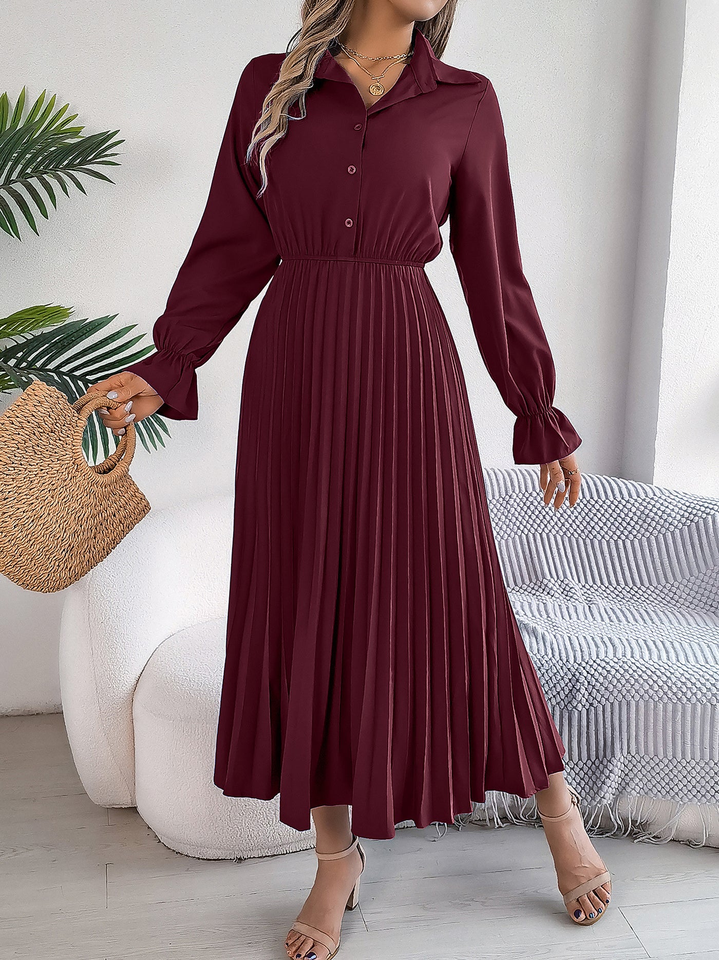 Allegra K Collar Buttoned Long Sleeve Maxi Pleated Shirt Dress