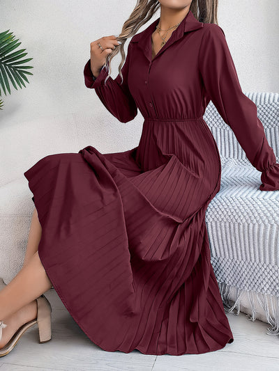 Collar Buttoned Long Sleeve Maxi Pleated Shirt Dress