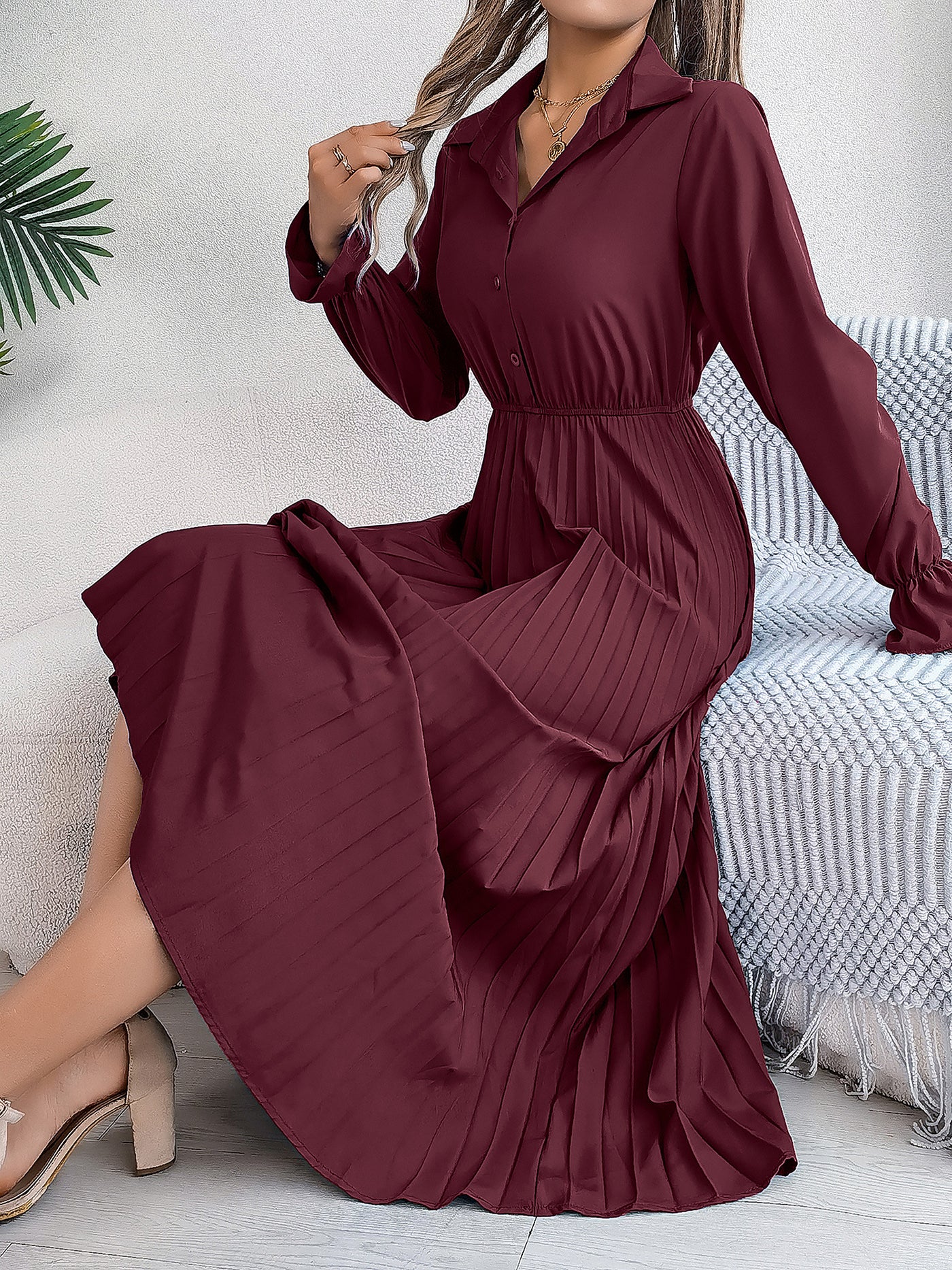 Allegra K Collar Buttoned Long Sleeve Maxi Pleated Shirt Dress