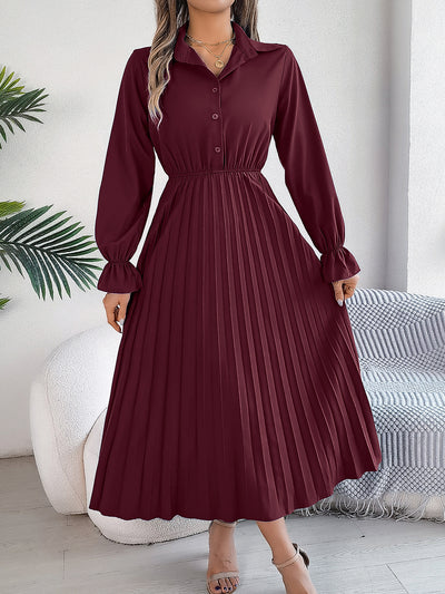 Collar Buttoned Long Sleeve Maxi Pleated Shirt Dress