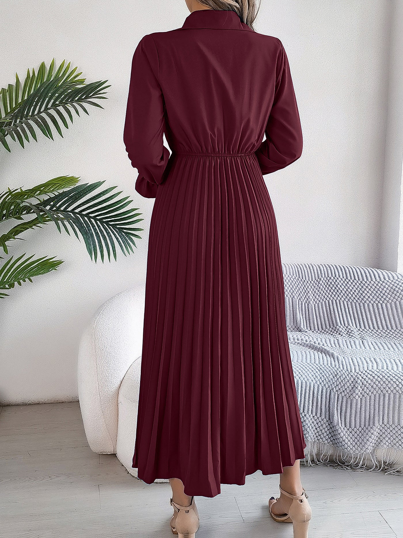 Allegra K Collar Buttoned Long Sleeve Maxi Pleated Shirt Dress