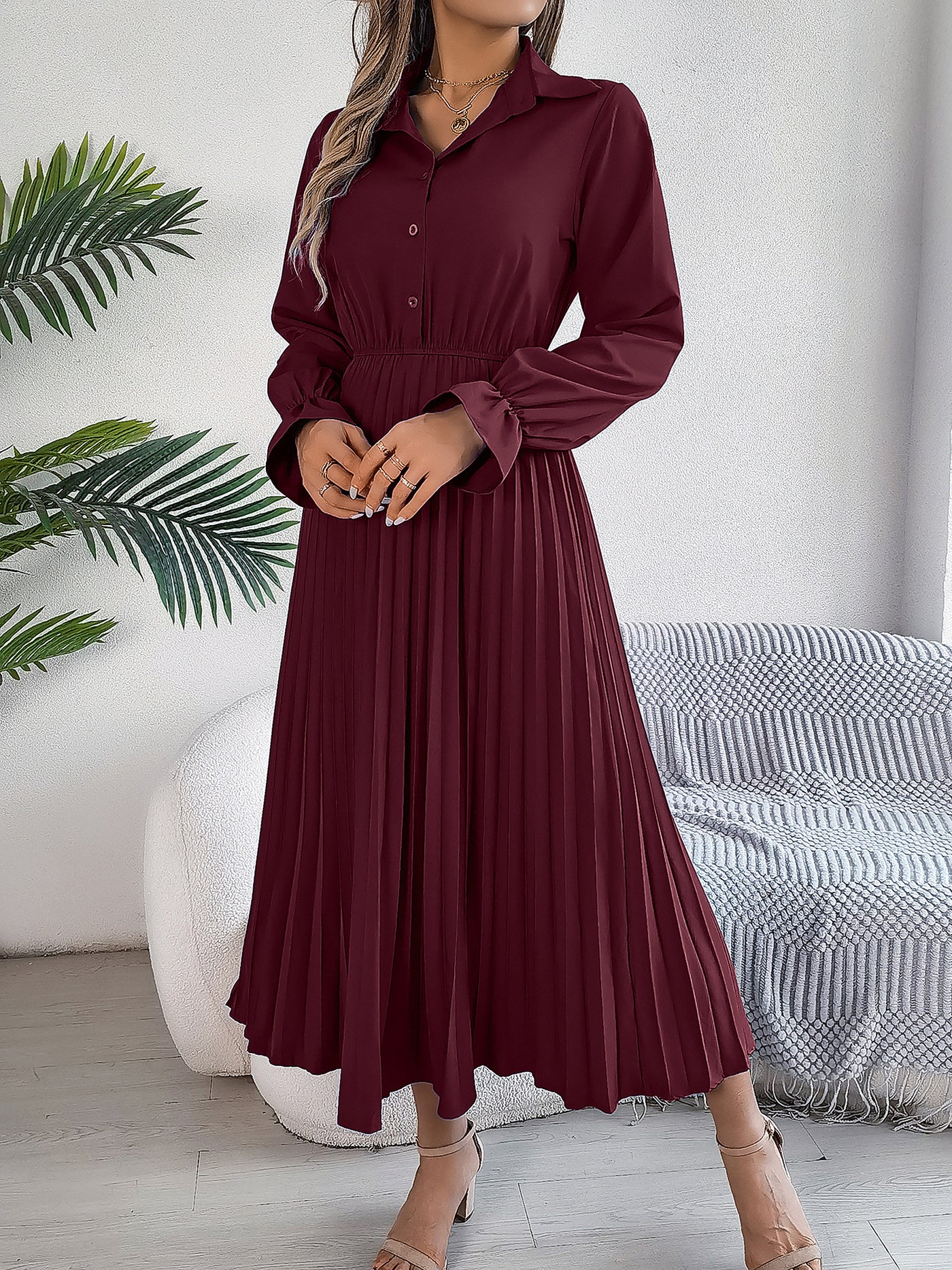 Allegra K Collar Buttoned Long Sleeve Maxi Pleated Shirt Dress