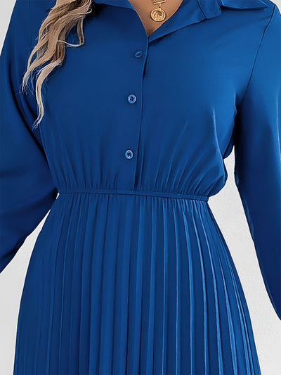 Collar Buttoned Long Sleeve Maxi Pleated Shirt Dress