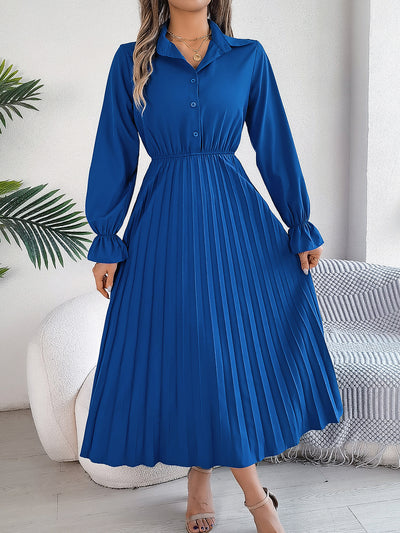 Collar Buttoned Long Sleeve Maxi Pleated Shirt Dress