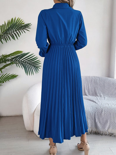 Collar Buttoned Long Sleeve Maxi Pleated Shirt Dress