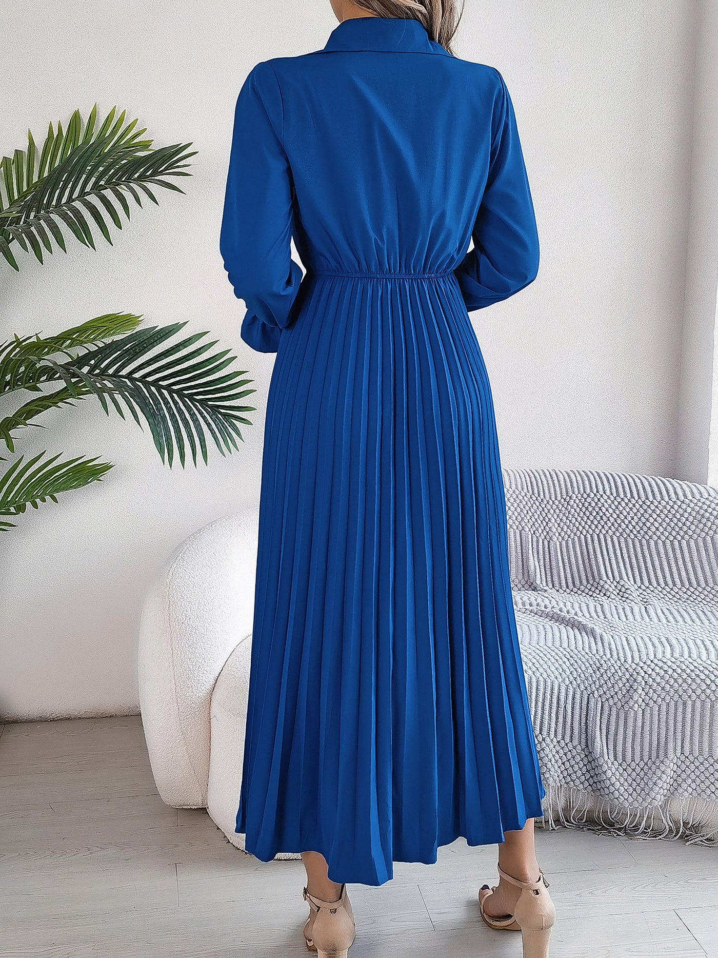 Allegra K Collar Buttoned Long Sleeve Maxi Pleated Shirt Dress