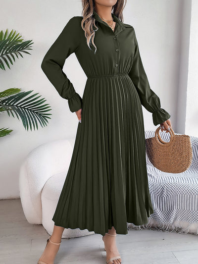 Collar Buttoned Long Sleeve Maxi Pleated Shirt Dress