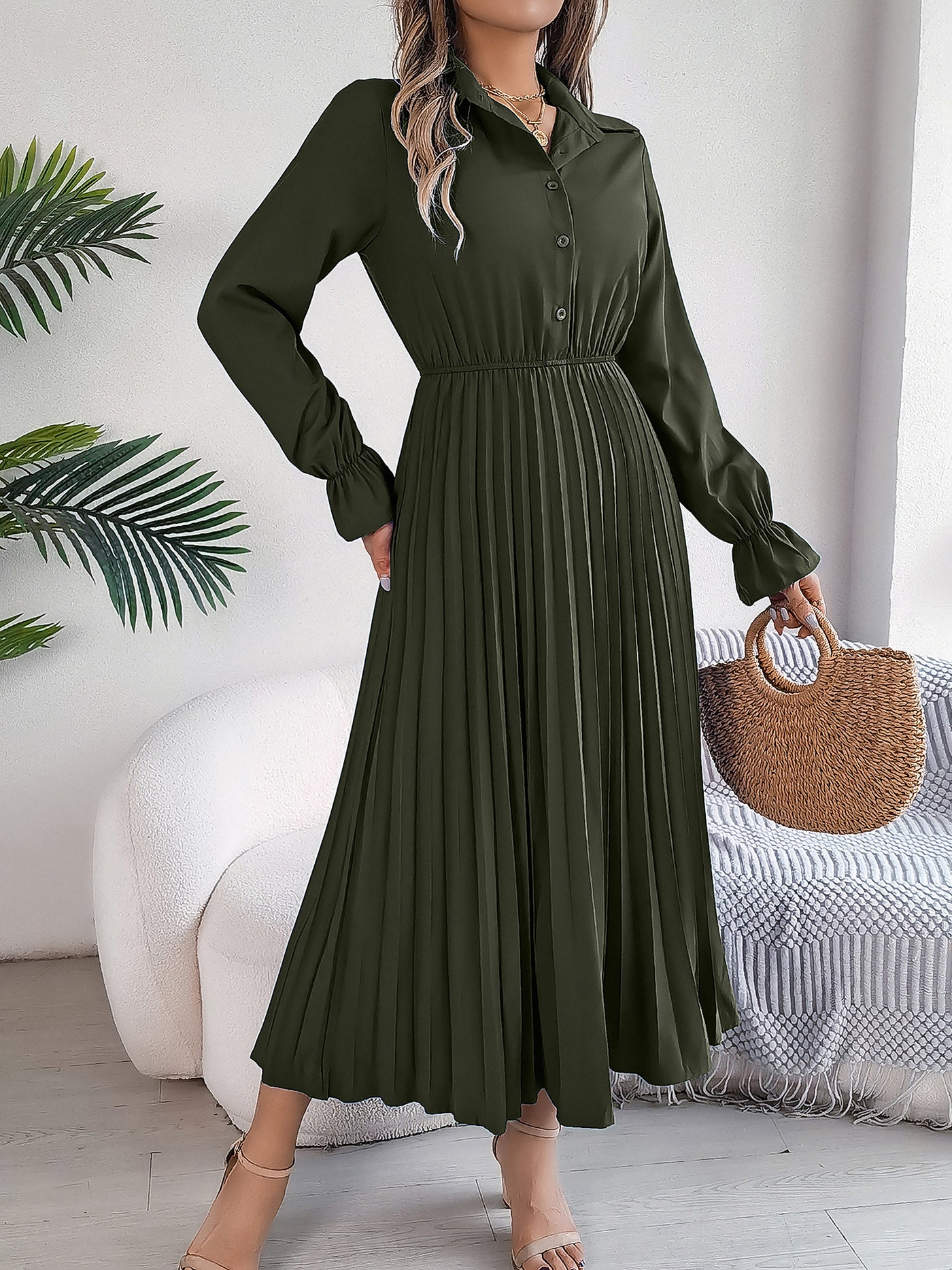 Allegra K Collar Buttoned Long Sleeve Maxi Pleated Shirt Dress