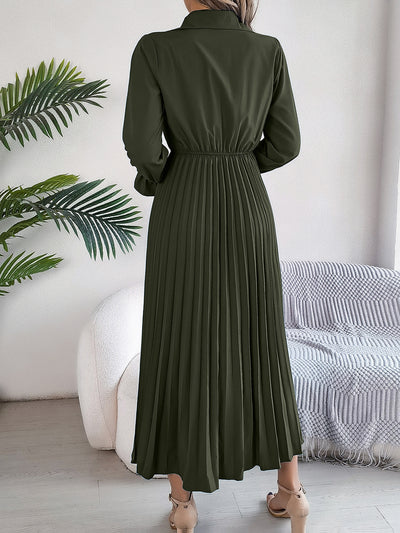 Collar Buttoned Long Sleeve Maxi Pleated Shirt Dress