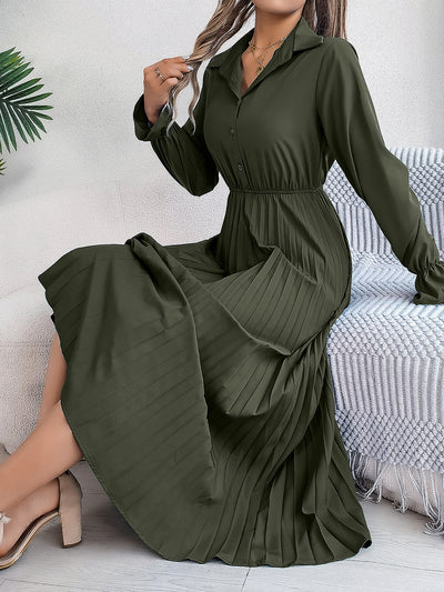 Collar Buttoned Long Sleeve Maxi Pleated Shirt Dress